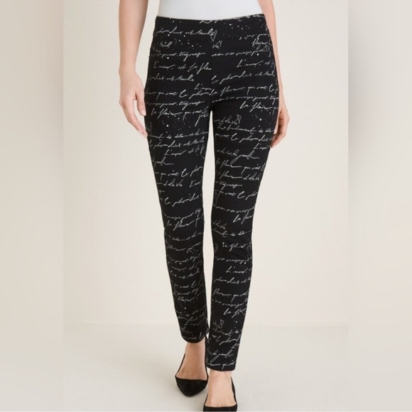 NWT CHICO’S Script-Print Slim Fit Stretch Pull-On Pants Jeggings in Black Sz 18 - Picture 1 of 12